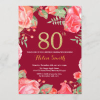 Red Floral 80 Birthday Dourado Brilhante Vermelho
