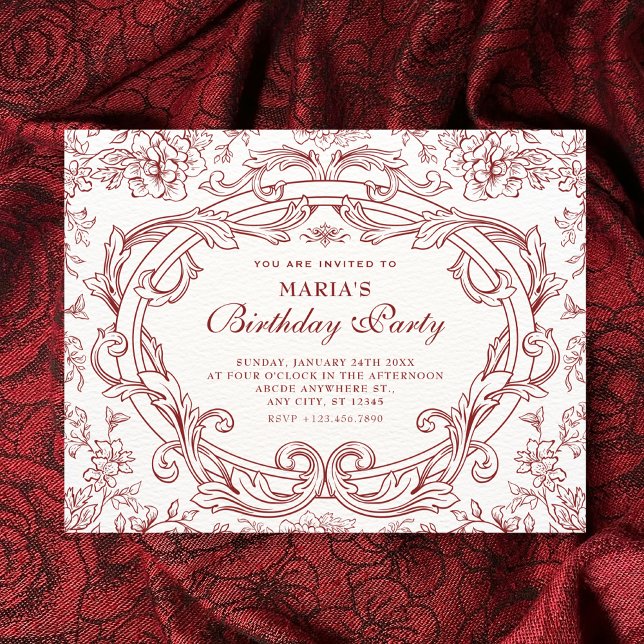 Convite Red Floral classic vintage birthday (Criador carregado)