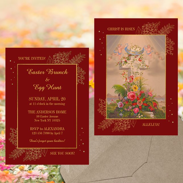 Convite Red Floral Cross Christian Páscoa Brung (Red Floral Cross Religious Christian Catholic Jesus Resurrection Easter Brunch Egg Hunt Invitation)