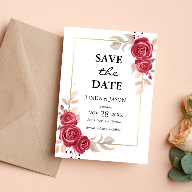 Convite Red Floral Dourado Frame Weding The Date Card (Criador carregado)