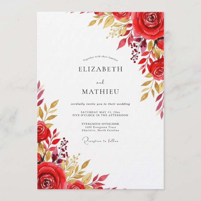 Convite Red Floral Flourish Wedding (Frente)