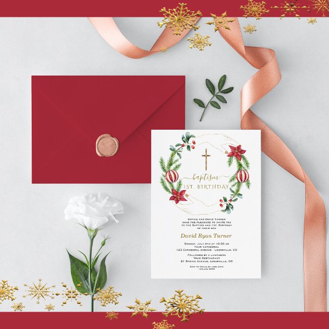 Convite Red Floral Green, Dourada, Holanda (christmas baptism 1st birthday invitation, winter holidays baptism invitation)