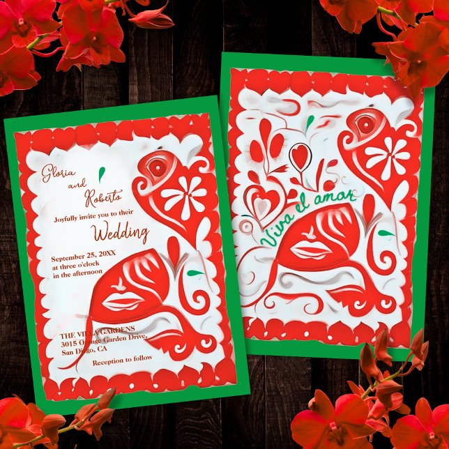 Convite Red Floral Heart Papel Picado Casamento Mexicano (Criador carregado)