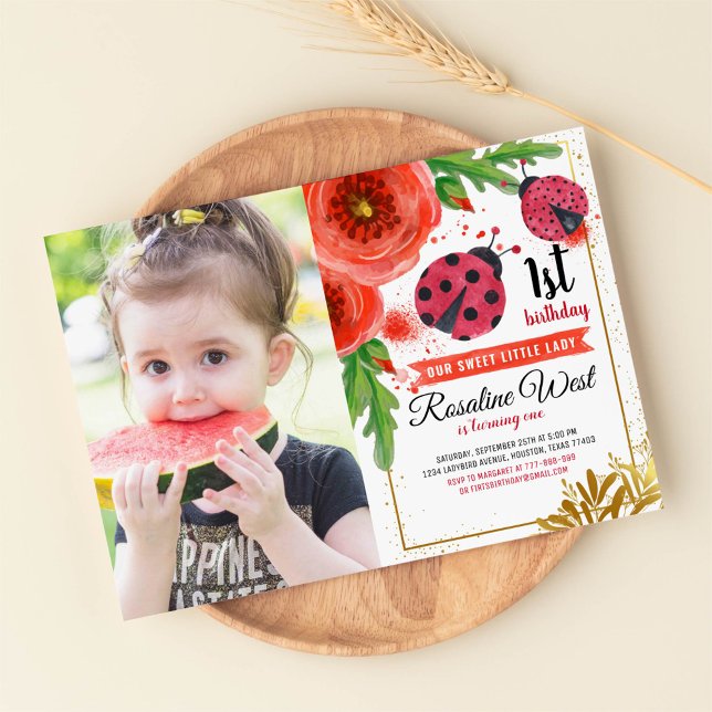 Convite Red Floral Ladybug Watercolor primeiro aniversario (Criador carregado)