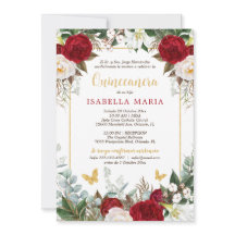 Red Floral Photo Quinceanera Invite em Espanhol