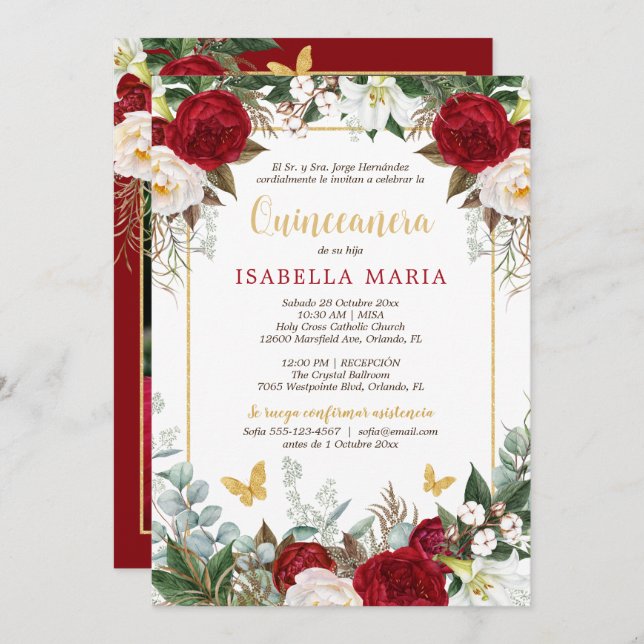 Convite Red Floral Photo Quinceanera Invite em Espanhol (Frente/Verso)