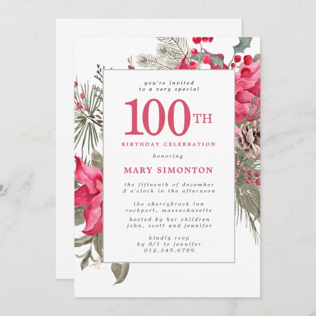 Convite Red Floral Poinsettia 100ª Festa de aniversário (Frente/Verso)