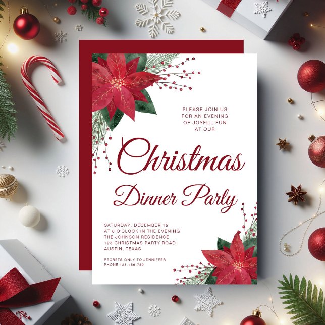 Convite Red Floral Poinsettia Festa de Natal (Red Floral Poinsettia Christmas Dinner Party Invitation)