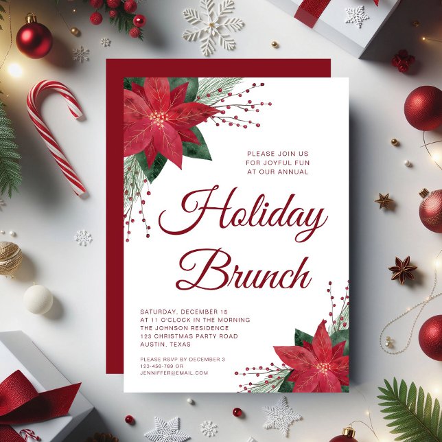 Convite Red Floral Poinsettia Holiday Brunch (Elegant Red Floral Poinsettia Holiday Brunch Invitation)