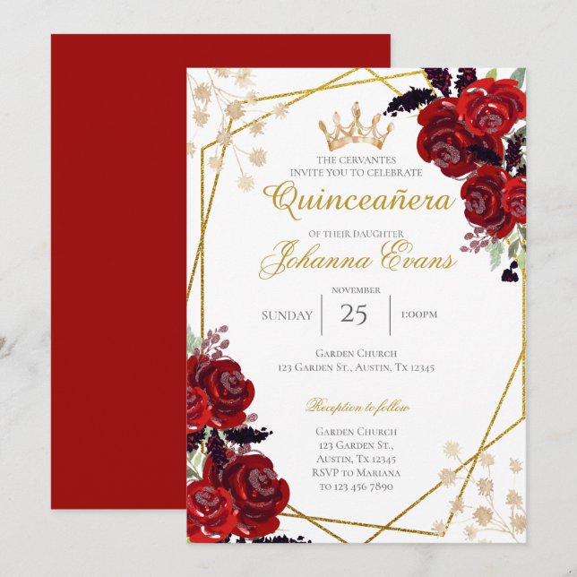 Convite Red Floral Quinceanera (Frente/Verso)