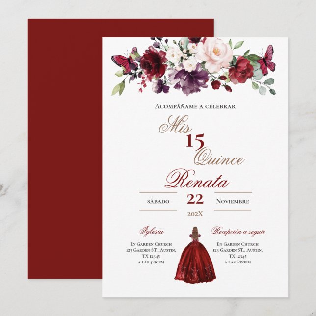 Convite Red Floral Quinceañera Invitation Spanish  (Frente/Verso)