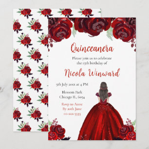 Convite Red Floral Quinceanera, Princesa do Cabelo Marrom