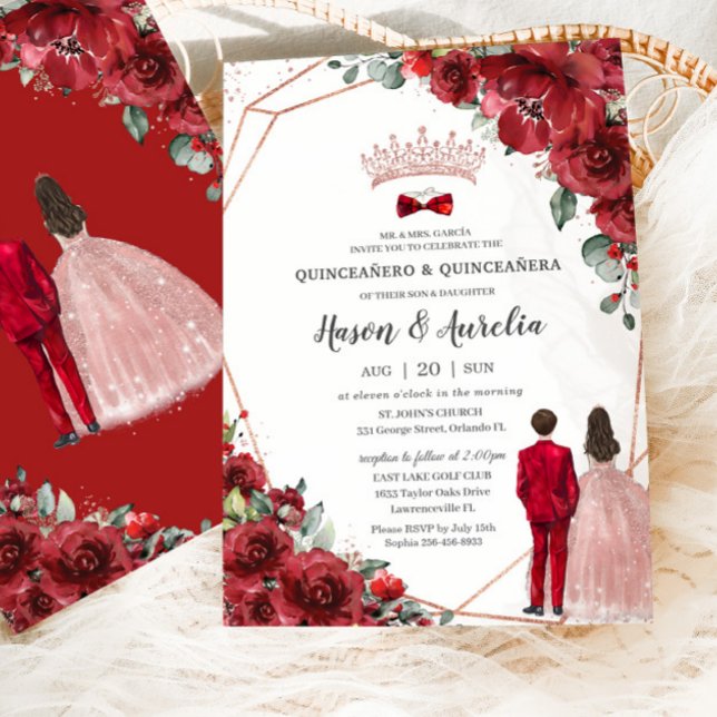 Convite Red Floral Rosa Dourada Twinboy Quinceañera (Criador carregado)