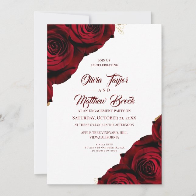 Convite Red Floral Rustic Engagement Party   (Frente)