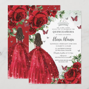 Convite Red Floral Silver Butterflies Quinceañera Sweet 16