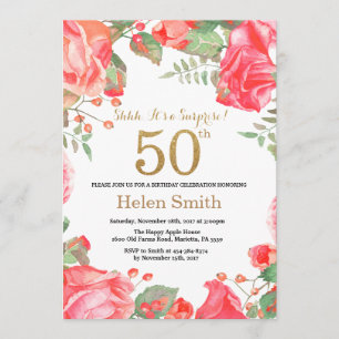 Convite Red Floral Surprise 50th Birthday Dourado Glitter