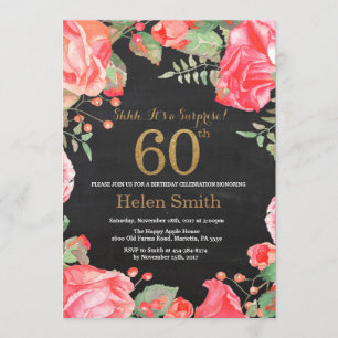 Convite Red Floral Surprise 60th Birthday Dourado Glitter
