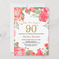 Red Floral Surprise 90 Birthday Dourada Glitter