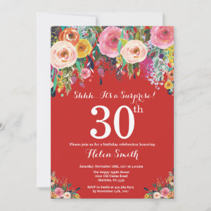 Convite Red Floral Surprise aniversário de 30 anos
