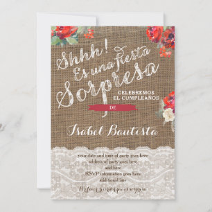 Convite Red Floral Surprise Party Convida em espanhol