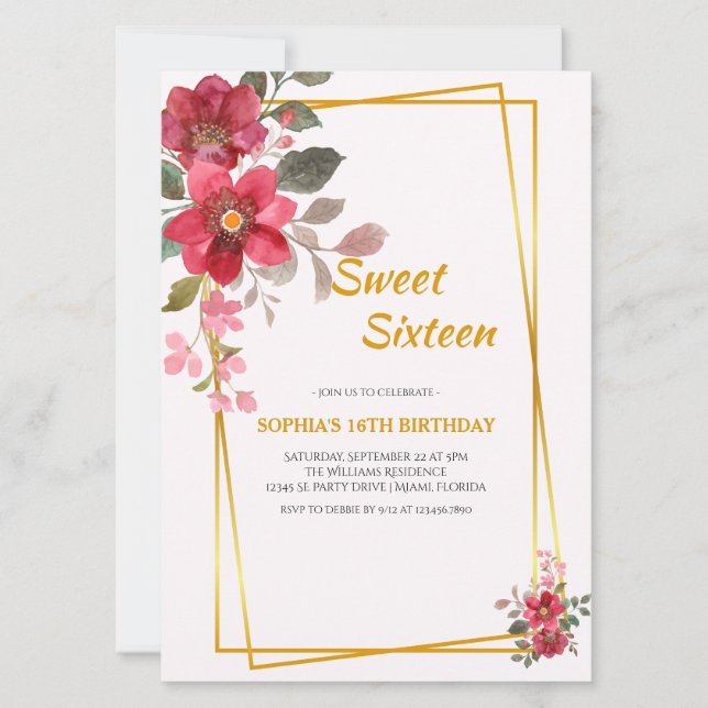 Convite Red Floral Sweet Elegante 16 Frame Dourado (Frente)