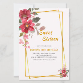 Convite Red Floral Sweet Elegante 16 Frame Dourado