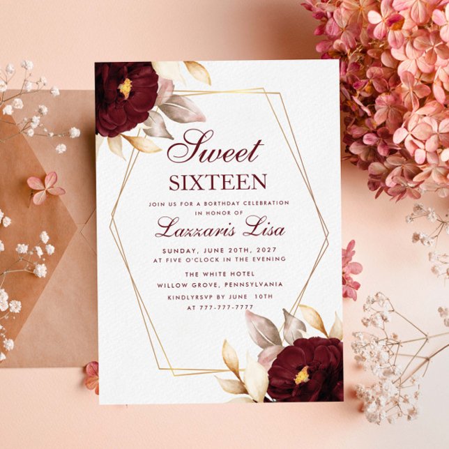 Convite Red Floral Sweet Elegante Dezesseis 16 Aniversário (Criador carregado)