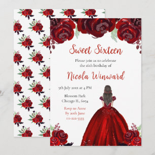 Convite Red Floral Sweet, Princesa do Cabelo Castanho, Dez