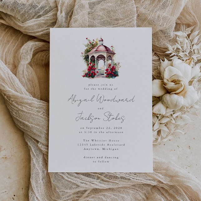 Convite Red Floral Watercolor Gazebo Invitation (An ideal choice for an outdoor spring, summer or fall wedding.)