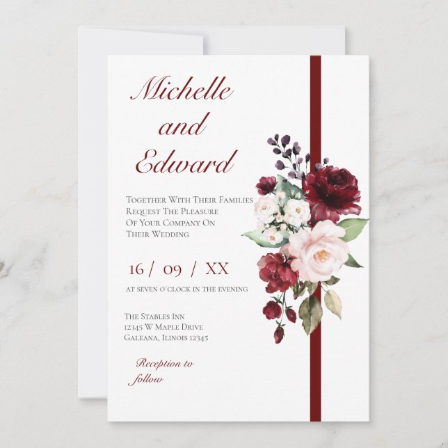 Convite Red Floral Wedding Invitation (Frente)