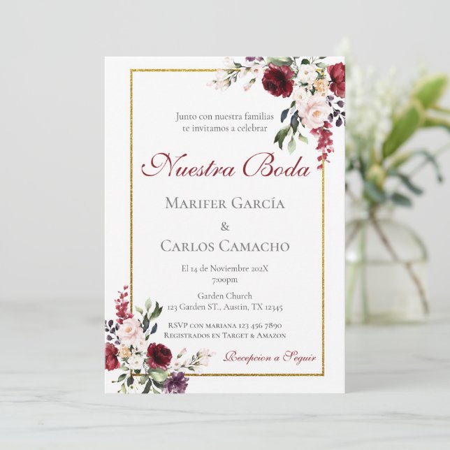 Convite Red Floral Wedding invitation Invitación boda espa (Em pé/Frente)