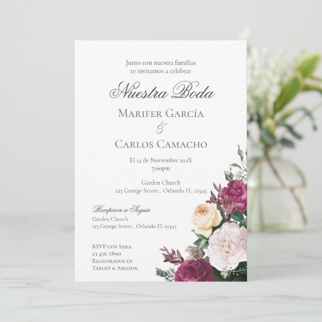 Convite Red Floral Wedding invitation Invitation Spa (Em pé/Frente)