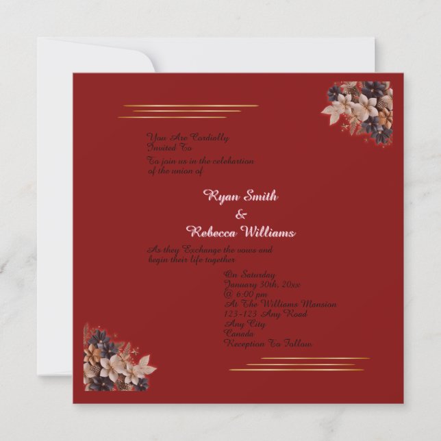 Convite Red Floral Wedding Invitation  Square Invitation   (Frente)