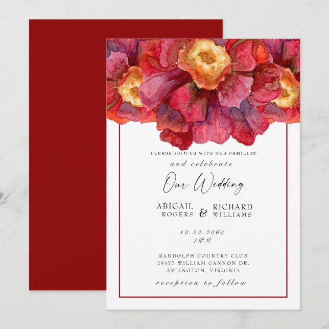 Convite Red Floral Wedding Tuscan Bold e Vibrant Invit (Frente/Verso)