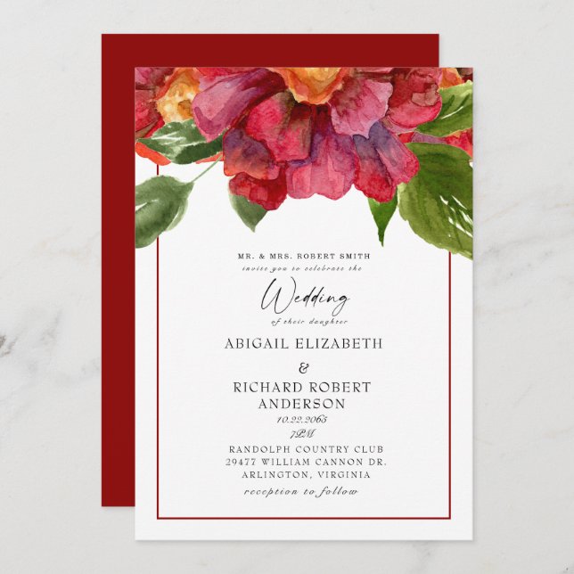 Convite Red Floral Wedding Tuscan Bold Pais (Frente/Verso)