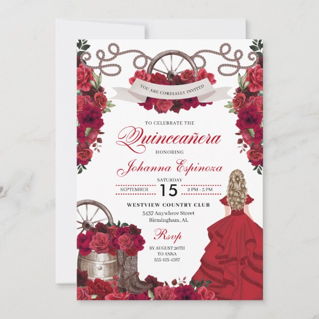 Convite Red Floral Western Ranchero Quinceanera (Frente)