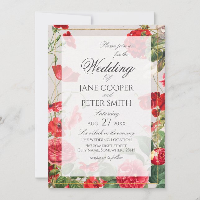 Convite Red flowers bouquet Wedding Invitation (Frente)