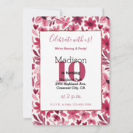 Convite Red Flowers Hearts Birthday