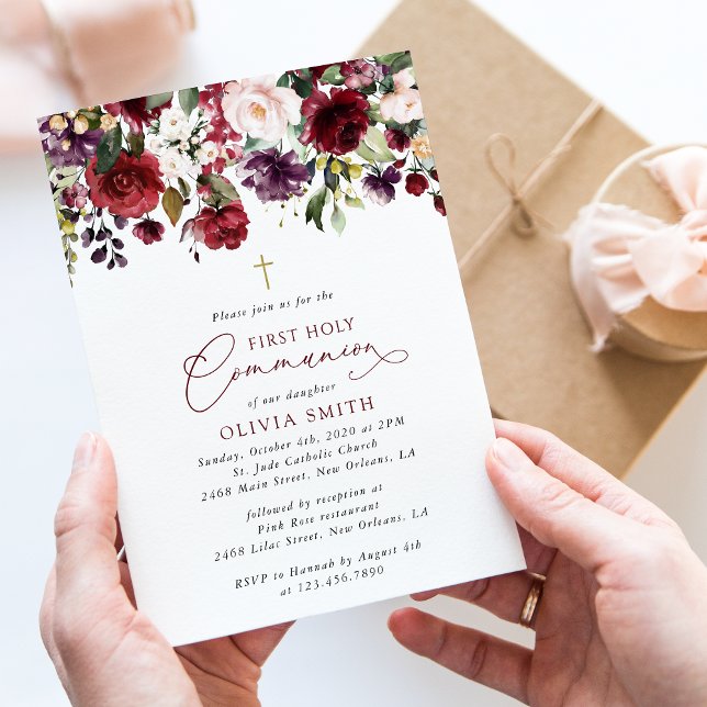 Convite Red Flowers, Pink Flowers, First Holy Communion (Criador carregado)