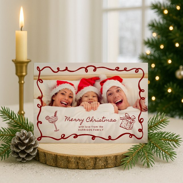 Convite  Red frame, Striped Family Photo Christmas (Criador carregado)