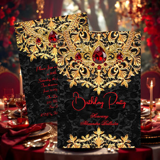 Convite Red Gems Gold Black Lace Damask Birthday Party