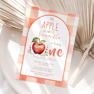Convite Red Gingham Apple Watercolor, primeiro aniversário
