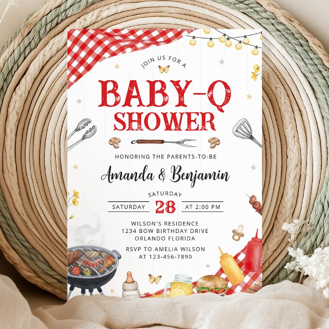 Convite Red Gingham Baby-Q Shower Invitation (Criador carregado)