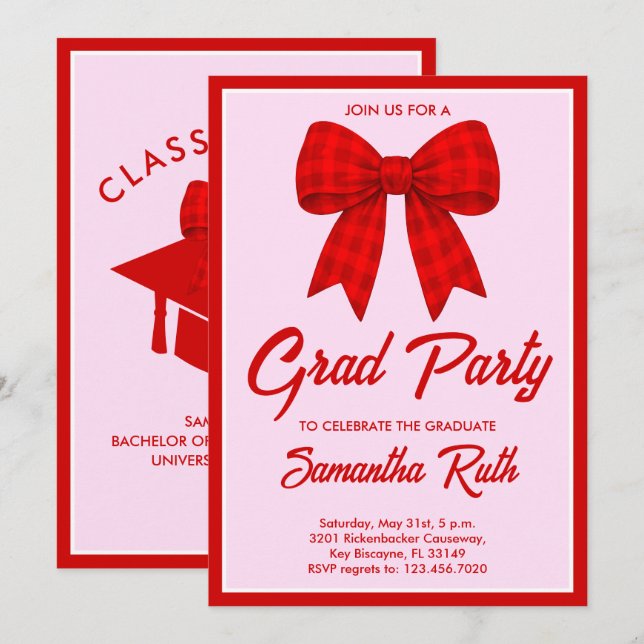 Convite Red Gingham Bow Graduation Party (Frente/Verso)