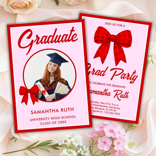 Convite Red Gingham Bow Photo Graduation Party (Criador carregado)