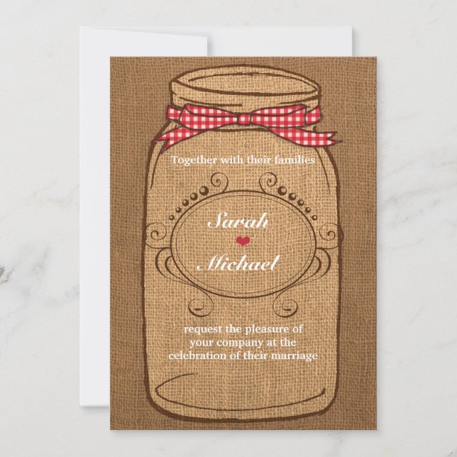 Convite Red Gingham & Burlap Mason Jar Wedding (Frente)