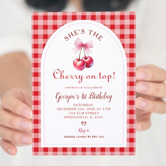 Convite Red Gingham com Cherry Arco no Aniversário da Top  (Criador carregado)