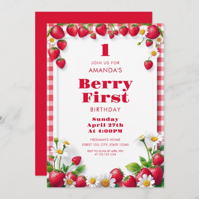 Convite Red Gingham com Strawberry Baby Girl Aniversário (Frente/Verso)