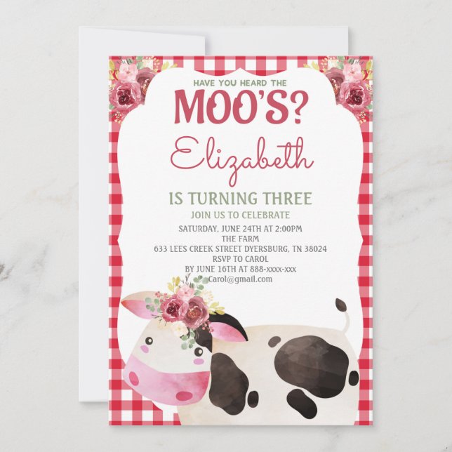Convite Red Gingham Cow Birthday Farm Animais Barnyard (Frente)