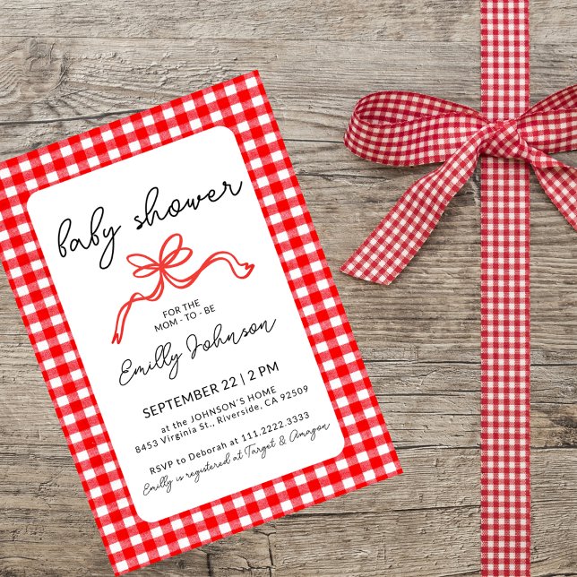Convite Red Gingham Cute Bow Handwriting Baby Shower (Criador carregado)